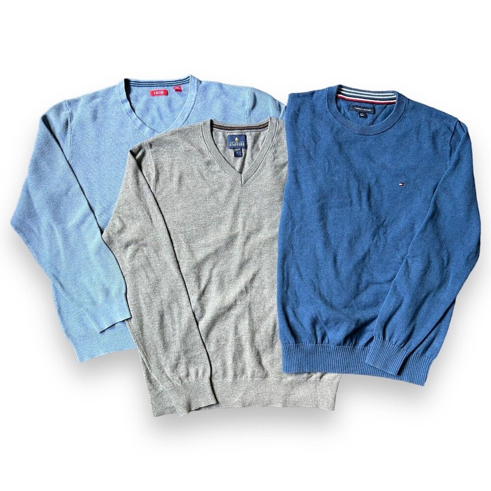 Lot of 3 Men's L Sweaters Stafford, Tommy Hilfiger, Izod Blue & Gray V-Neck Crew
